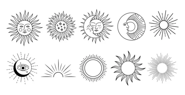 Μαύρος Ήλιος Εικονίδια Που Ουράνιο Σύμβολο Απομονωμένο Λευκό Φόντο — Διανυσματικό Αρχείο