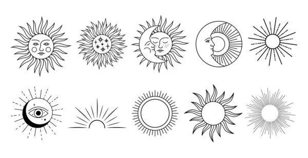 Pictogramele Soarelui Negru Apune Simbolul Ceresc Izolat Fundal Alb — Vector de stoc
