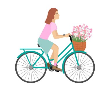 Çiçeklerle bisiklete binen bir kız. Bisikletçi. Vektör resmi