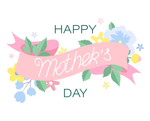 Greeting Card Mother Day Ribbon Happy Mother Day Text Flowers — Vettoriale Stock