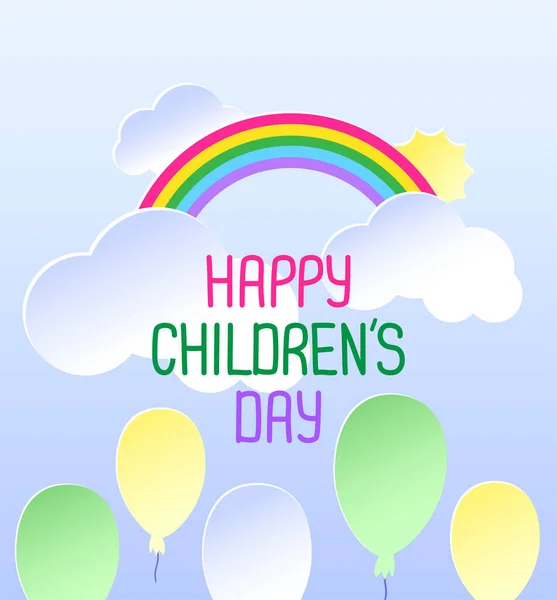 Happy Children Day Card Hand Drawn Lettering Rainbow Sun Clouds — Vettoriale Stock