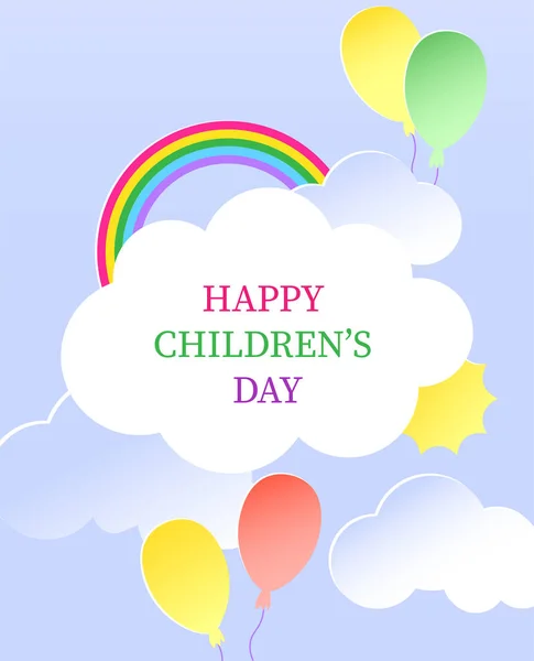 Happy Children Day Card Rainbow Sun Clouds Blue Background — Vettoriale Stock