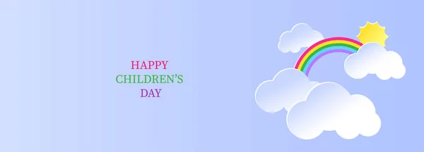 Happy Children Day Banner Rainbow Sun Clouds Blue Background — Stock Vector