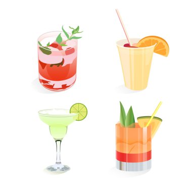 Beyaz arka planda izole edilmiş dört yaz kokteyli seti. Vektör illüstrasyonu.