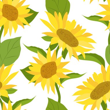 Seamless vector pattern with sunflowers. Yellow flowers on a white background. EPS 10.