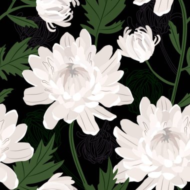 Seamless vector pattern with Chrysanthemum flowers. Flower bouquet on a black background. EPS 10.