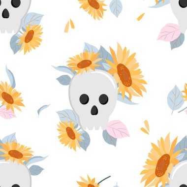 Beyaz arka planda ayçiçekleri olan bir kafatası. Kusursuz vektör deseni. EPS 10.