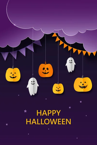 Halloween Háttér Sütőtök Szellemek Papír Vágott Stílusban Boldog Halloween Szöveg — Stock Vector