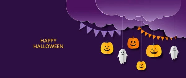 Halloween Banner Sütőtökkel Szellemekkel Papírvágással Boldog Halloween Szöveg Egy Lila — Stock Vector