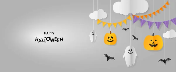 Halloween Háttér Sütőtök Denevérek Felhők Szellemek Papír Vágott Stílusban Boldog — Stock Vector