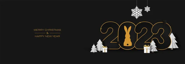 金のウサギと新年のバナー 2023年ギフトボックスと黒の背景に白いトウヒ デジタルクラフトスタイル — ストックベクタ