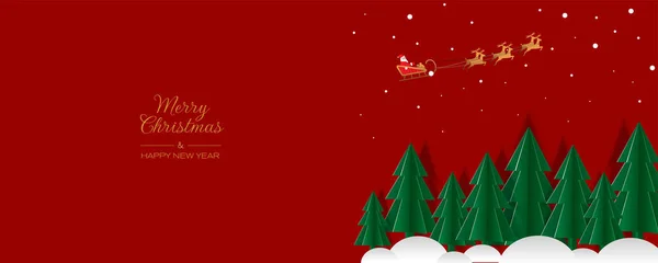 Mutlu Noeller tebrik kartı, kağıt kesiği çizimi. Noel Baba 'nın kırmızı arka planda olduğu bir çam ağacı..