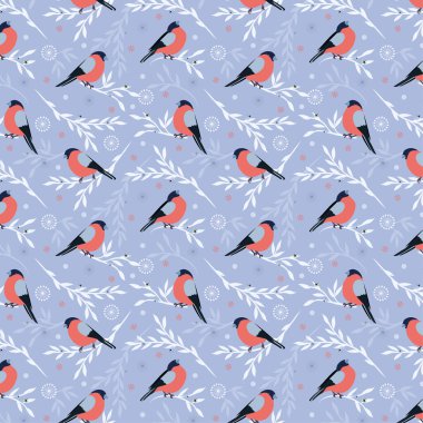 Vektör kusursuz desen. Kış kuşları. Botanik çizimler. Saka kuşu ve yabanmersini dalları