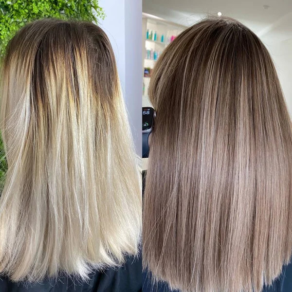 beautiful hair. dyed hair in a beauty salon, photos before and after dyeing