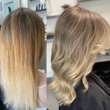 beautiful hair. dyed hair in a beauty salon. beautiful hair coloring. before and after hair coloring