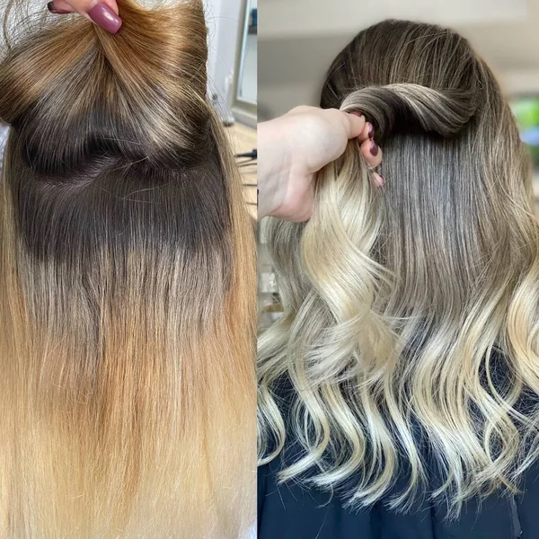beautiful hair. dyed hair in a beauty salon. beautiful hair coloring. before and after hair coloring