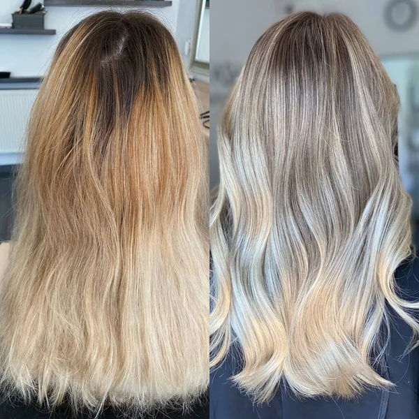 beautiful hair. dyed hair in a beauty salon. beautiful hair coloring.photo before and after hair coloring