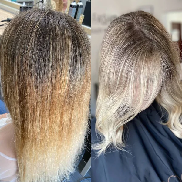 beautiful hair. dyed hair in a beauty salon. beautiful hair coloring. photo before and after hair coloring