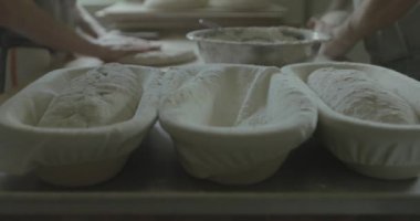 Bir fırıncı ekmek hamurunu daha sonra pişirmek için tavaya koyar..