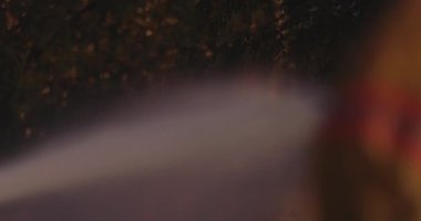 İtfaiyeciler su püskürtmek için yangın hortumunu açarken ağaçlardaki su sisinin görüntüsü..