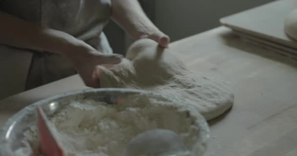 Female Baker Makes Bread Kneading Bread Dough Bake Loaf — Stock Video