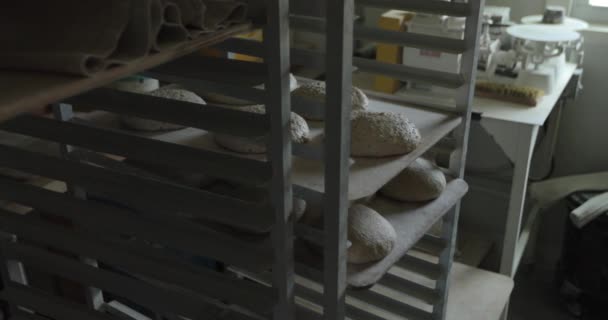 Brotteigbrote Gehen Einer Bastelbäckerei Auf Regalen Zum Späteren Backen Auf — Stockvideo