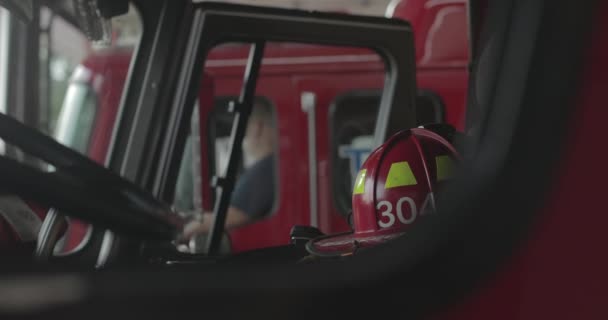 Firefighter Helmet Fire Truck Viewed Windshield — Stock Video