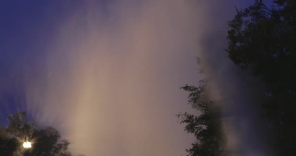 Вид Туман Деревах Пожежники Увімкнути Пожежний Шланг Щоб Обприскувати Воду — стокове відео