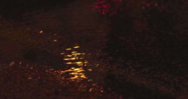 消防士が過去を歩いて 消防士によって引き起こされる水の水たまりに点滅する消防車のライトの反射 — ストック動画