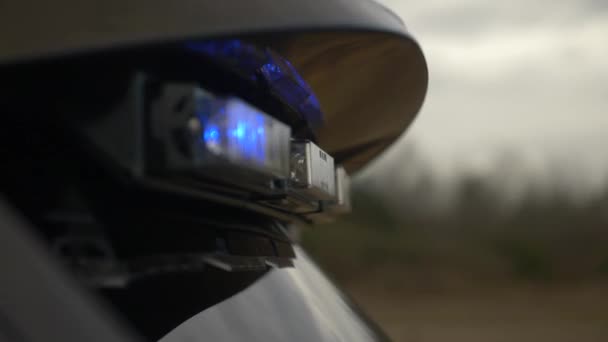 Een Politieauto Zit Een Buurt Met Blauwe Lichten Aan — Stockvideo
