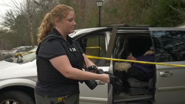 Crime Scene Investigator Puts Gloves Inspect Details Homicide — Stock Video