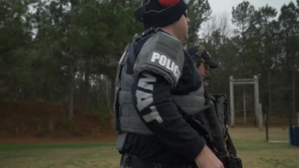 Swat Team Police Officers Walk Gun Range Weapons Target Practice — Stock Video