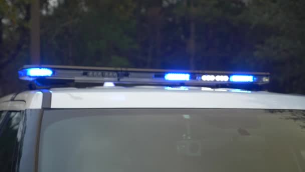 Coche Policía Sienta Barrio Con Las Luces Azules Encendidas — Vídeo de stock