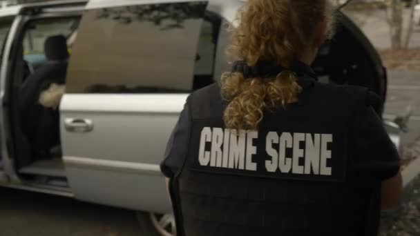 犯罪現場調査員が歩き回り カメラで犯罪現場の写真を撮る — ストック動画