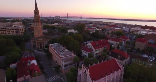 Légi Rálátás Ikonikus Ananász Szökőkútra Charleston Kikötőjére Charlestonból Charleston Belvárosában — Stock videók