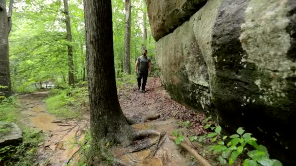 Bir Adam Sırt Çantasıyla Büyük Bir Kayayla Akan Bir Dere — Stok video