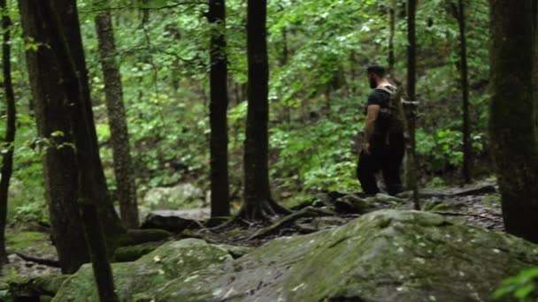 岩の岩や背の高い木に囲まれた森の中をバックパックで男はハイキング スローモーションで撮影 — ストック動画