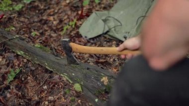 Erkek bir kampçı baltayı yavaş çekimde ölü bir kütüğe atıyor..