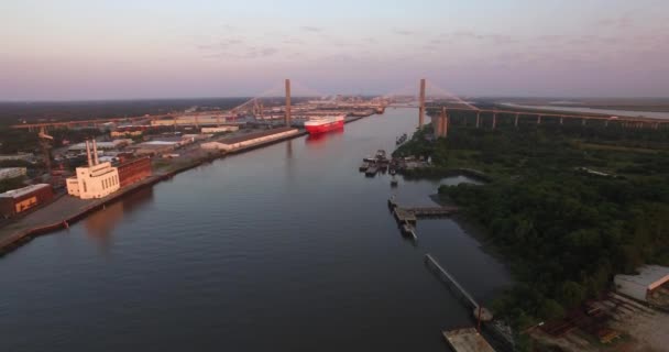 Perspectiva Aérea Savannah Con Orilla Del Río Puente Conmemorativo Talmadge — Vídeos de Stock