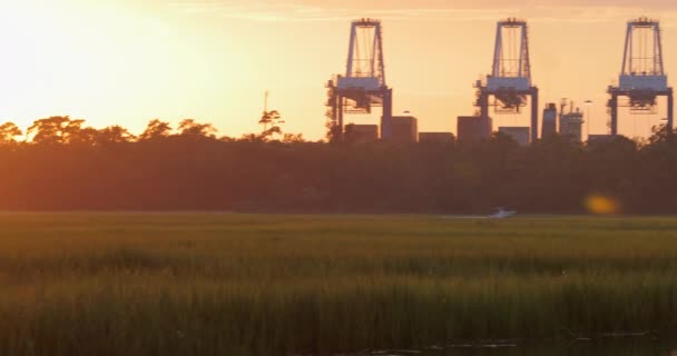 船や水とともに産業用船荷クレーンを眺めながら日没時の沼 — ストック動画