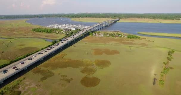 一边是高峰时间交通的沼泽地上一座桥的空中透视 — 图库视频影像