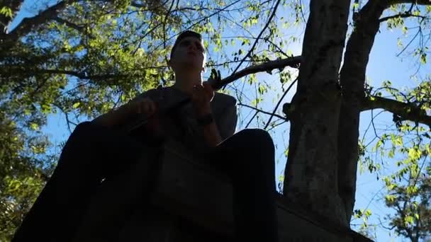 Teenage Αγόρι Παίζει Κιθάρα Μια Πλατφόρμα Δέντρο Αργή Κίνηση Σιλουέτα — Αρχείο Βίντεο