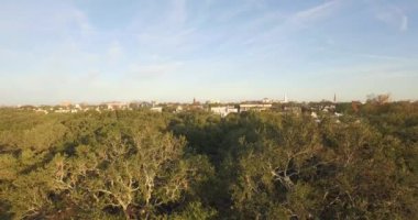 Şehir merkezinin yüksek perspektifi için Charleston, SC 'deki White Point Garden' a doğru ilerleyen bir hava çekimi..