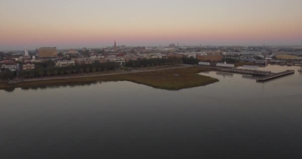 Воздушная Перспектива Центра Чарльстона Набережной Парка Фонтан Ананас Видно Восходе — стоковое видео