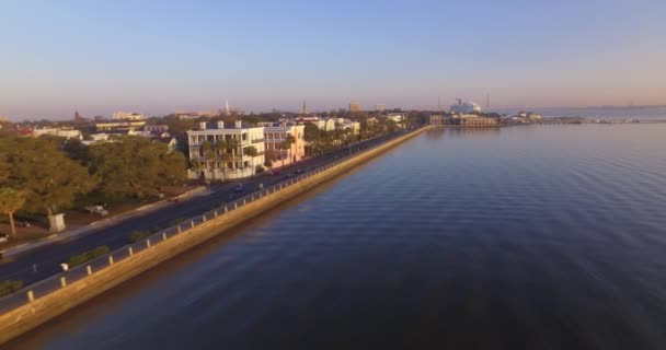 Vista Aérea Batería Charleston Centro Amanecer East Bay Street — Vídeo de stock