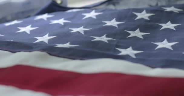 Amerikaanse Vlag Detail Met Rode Witte Strepen Met Veld Van — Stockvideo
