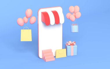 Hediye ve telefon mavi arka planda, 3D görüntüleme. Bilgisayar dijital çizimi.