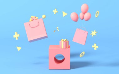 Sahne ve hediyeler mavi arka planda, 3 boyutlu. Bilgisayar dijital çizimi.