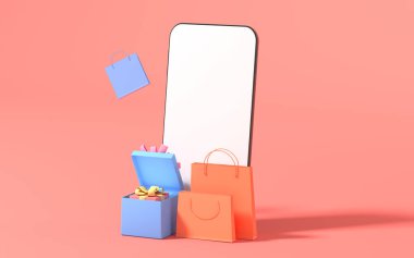 Boş telefon ve pembe arka planlı alışveriş torbaları, üç boyutlu görüntüleme. Bilgisayar dijital çizimi.