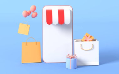 Hediye ve telefon mavi arka planda, 3D görüntüleme. Bilgisayar dijital çizimi.
